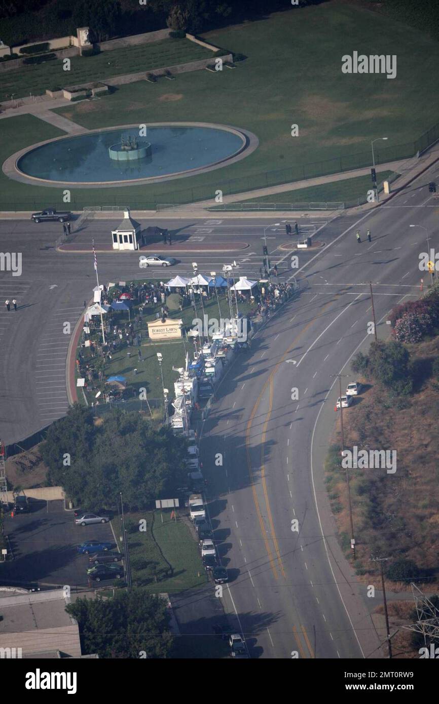 Aerial views of Forest Lawn Cemetery  where Michael Jackson's private funeral was held. Guests arrived for the service and the casket was loaded into a hearse before the motorcade started it's journey to the Staples Center memorial.  Los Angeles, CA 7/7/09 Stock Photo