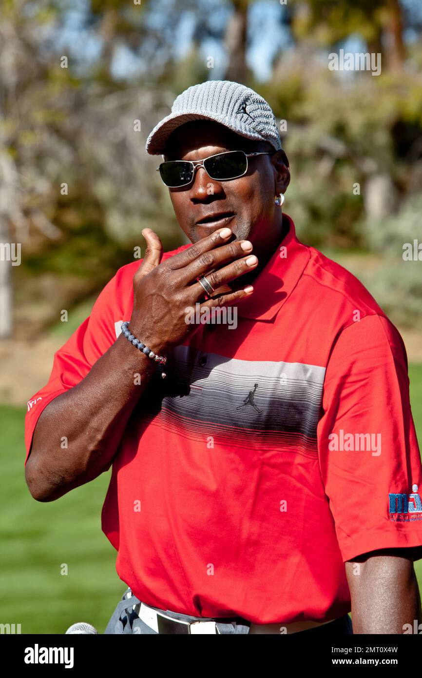 Michael Jordan speaks at his Celebrity Invitational Golf Tournament held at Shadow Creek Golf Course. Michael appeared in a great mood as he was all smiles at the podium where a shorter