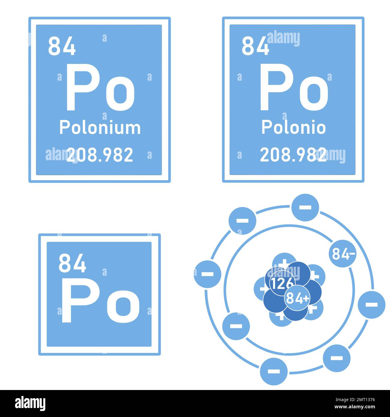 Blue icon of the element polonium of the periodic table with representation of its atom Stock Photo