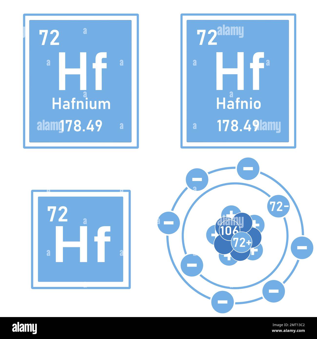Blue icon of the element hafnium of the periodic table with representation of its atom Stock Photo