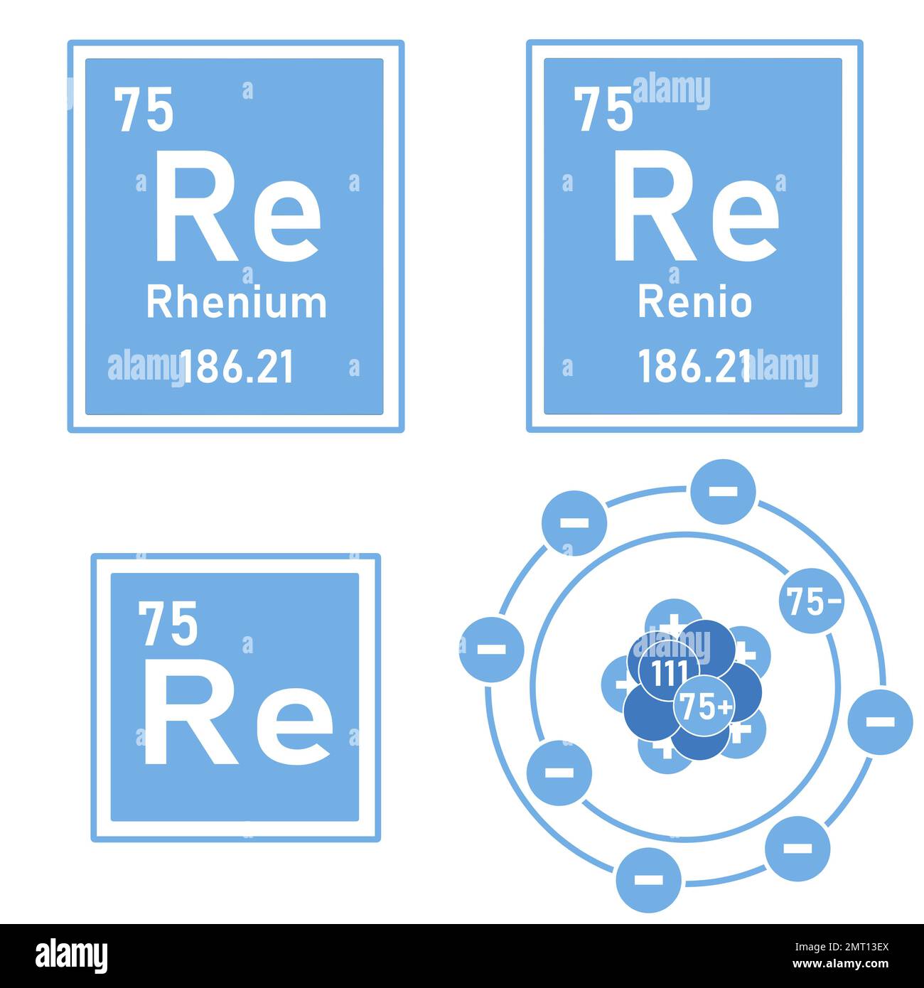 Blue icon of the element rhenium of the periodic table with representation of its atom Stock Photo