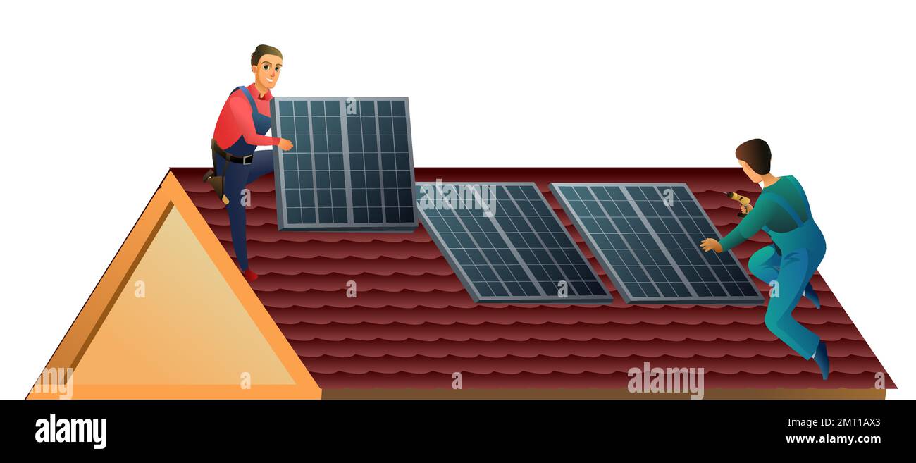 Two workers install solar panels on roof. Alternative energy. Renewable