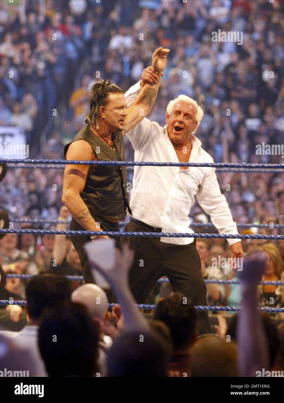 Academy Award nominee Mickey Rourke makes a special appearance in the ring with wrestler Ric Flair at Wrestlemania 25 at Reliant Stadium in Houston, TX. 4/5/09. Stock Photo