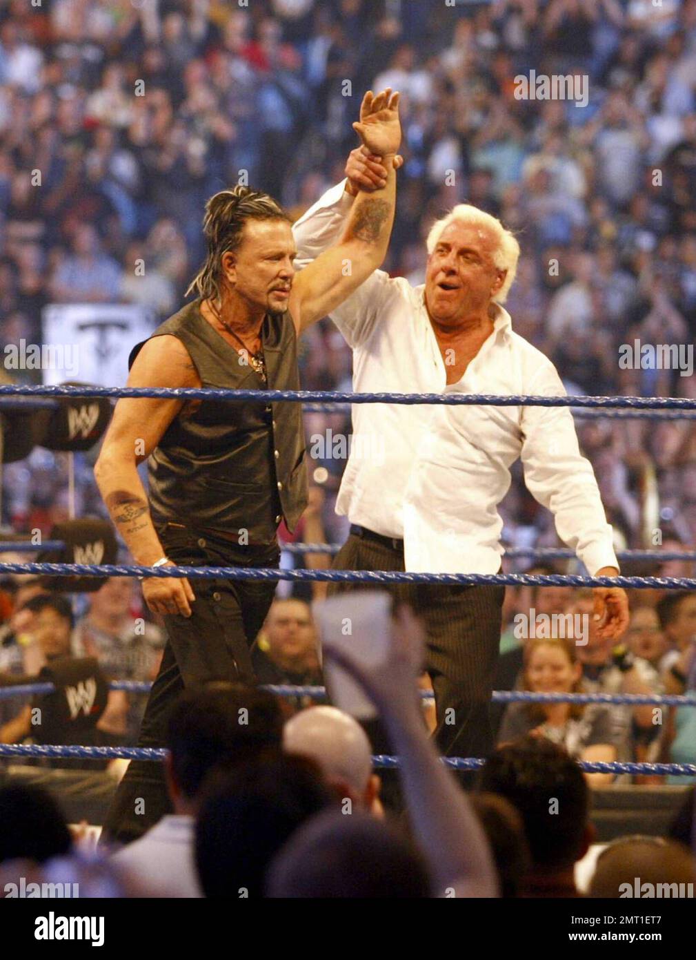 Academy Award nominee Mickey Rourke makes a special appearance in the ring with wrestler Ric Flair at Wrestlemania 25 at Reliant Stadium in Houston, TX. 4/5/09. Stock Photo