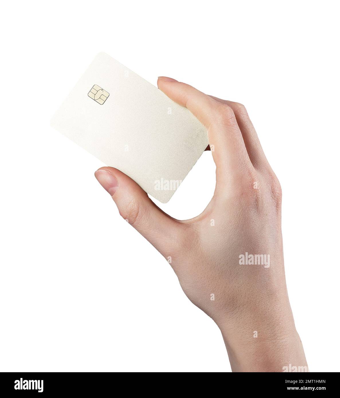 Gold bank credit debit card mockup in hand isolated on white background. Electronic cashless money with chip between fingers. High quality photo Stock Photo