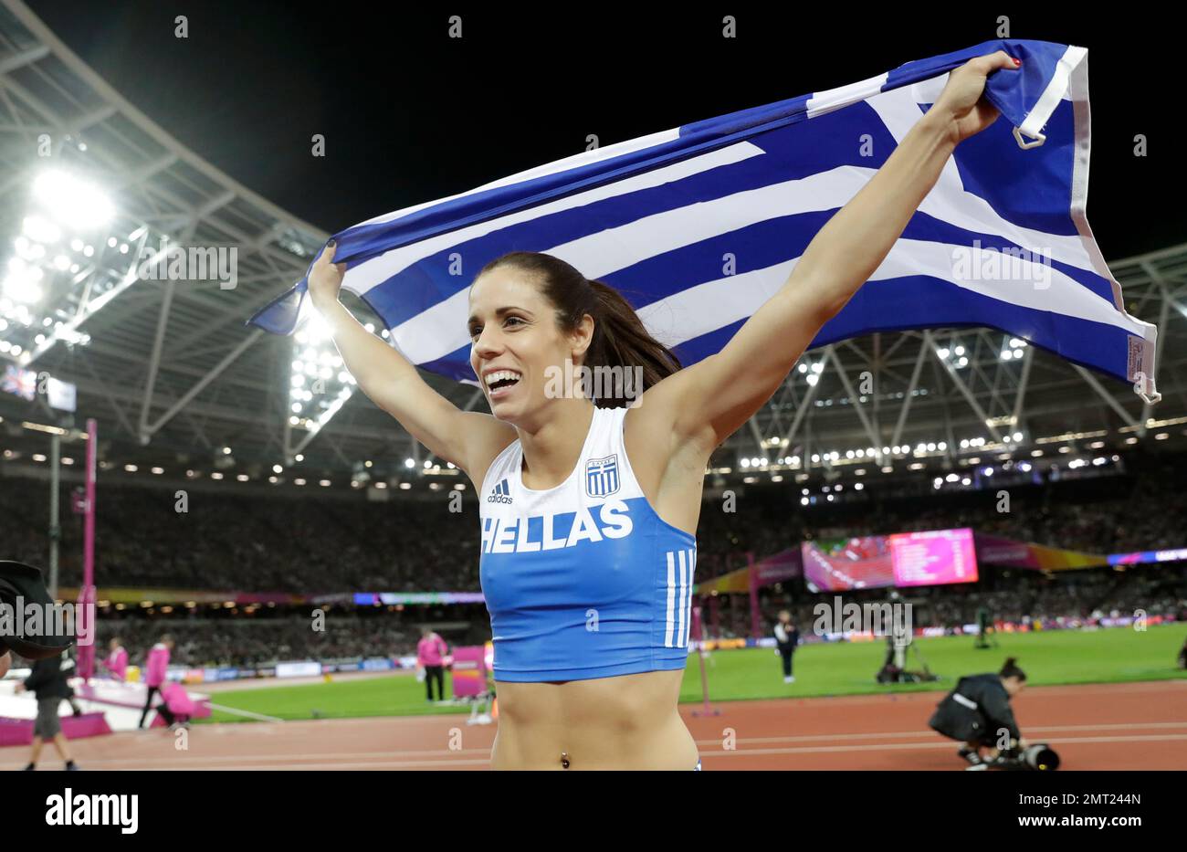 Greece's Ekaterini Stefanidi celebrates after winning the gold medal in