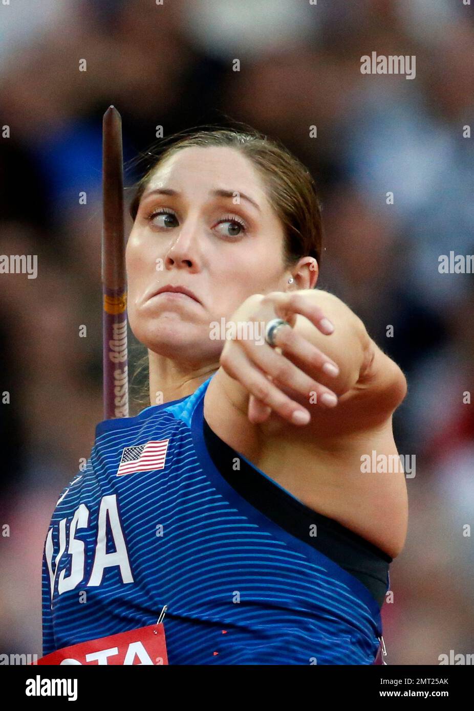 United States' Kara Winger makes an attempt in the women's javelin