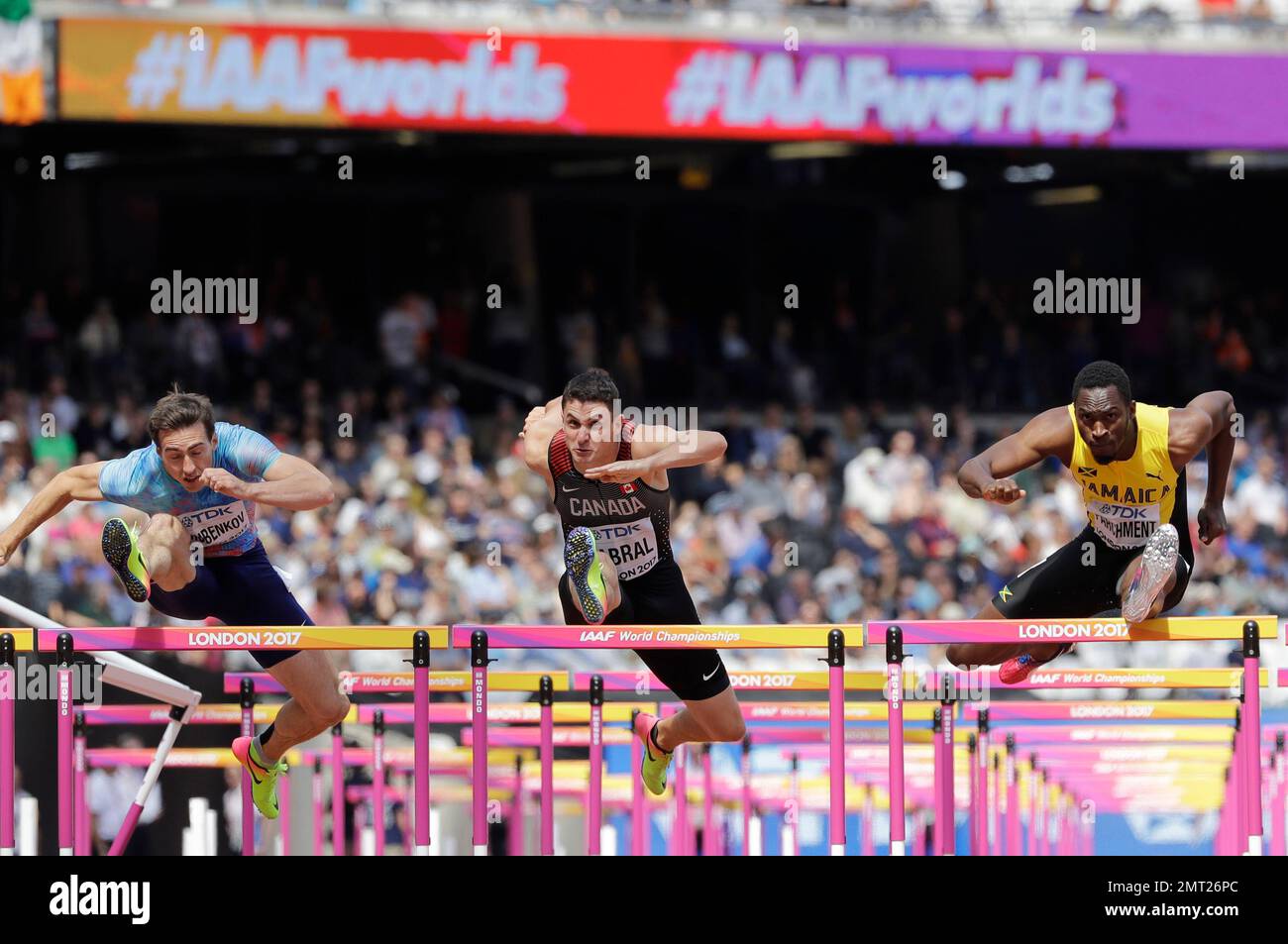 Russia's Sergey Shubenkov, Canada's Jonathan Cabral and Jamaica's