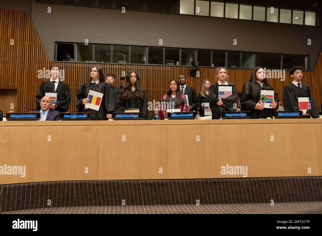 NEW YORK, NEW YORK - JANUARY 31: Students from multiple counties participate at a special event 'International Mock Trial on Human Rights' on the occasion of the International Day of Commemoration in Memory of the Victims of the Holocaust (27 Jan) at the New York United Nations Headquarters on January 31, 2023 in New York City.    The participants, student from several countries, interrogate the actions and responsibilities of Ernst Rüdin, the so-called father of Nazi Racial Hygiene. Stock Photo