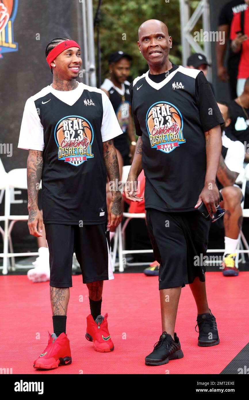 Tyga, left, and Big Boy attend the 2017 Nike Basketball 3ON3 Tournament:  Celebrity Basketball Game held at L.A. Live on Friday, Aug. 4, 2017, in Los  Angeles. (Photo by John Salangsang/Invision/AP Stock