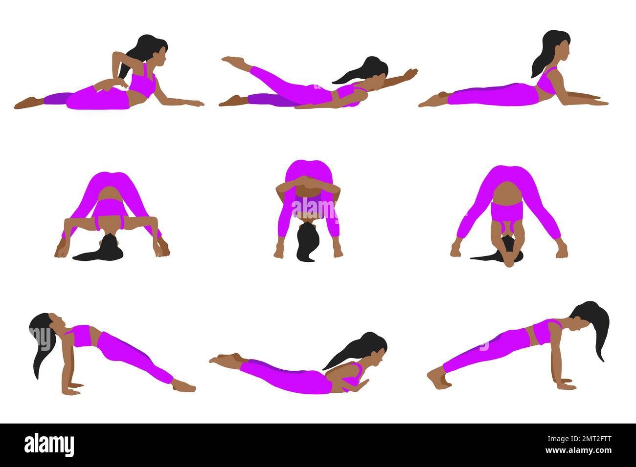 African American longhair woman. Yoga poses set in cartoon flat style ...