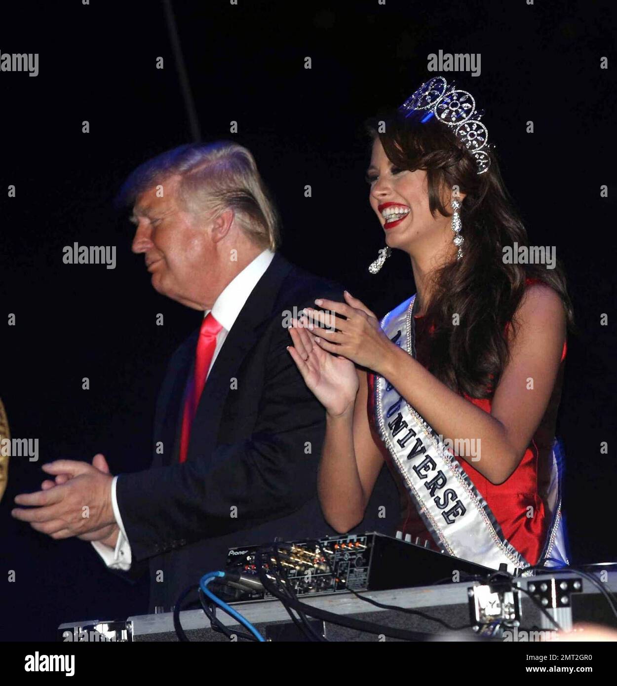 Donald Trump and Stefania Fernandez celebrate at the Coronation Ball after the Miss Universe pageant at Atlantis on Paradise Island in the Bahamas. 8/23/09. Stock Photo