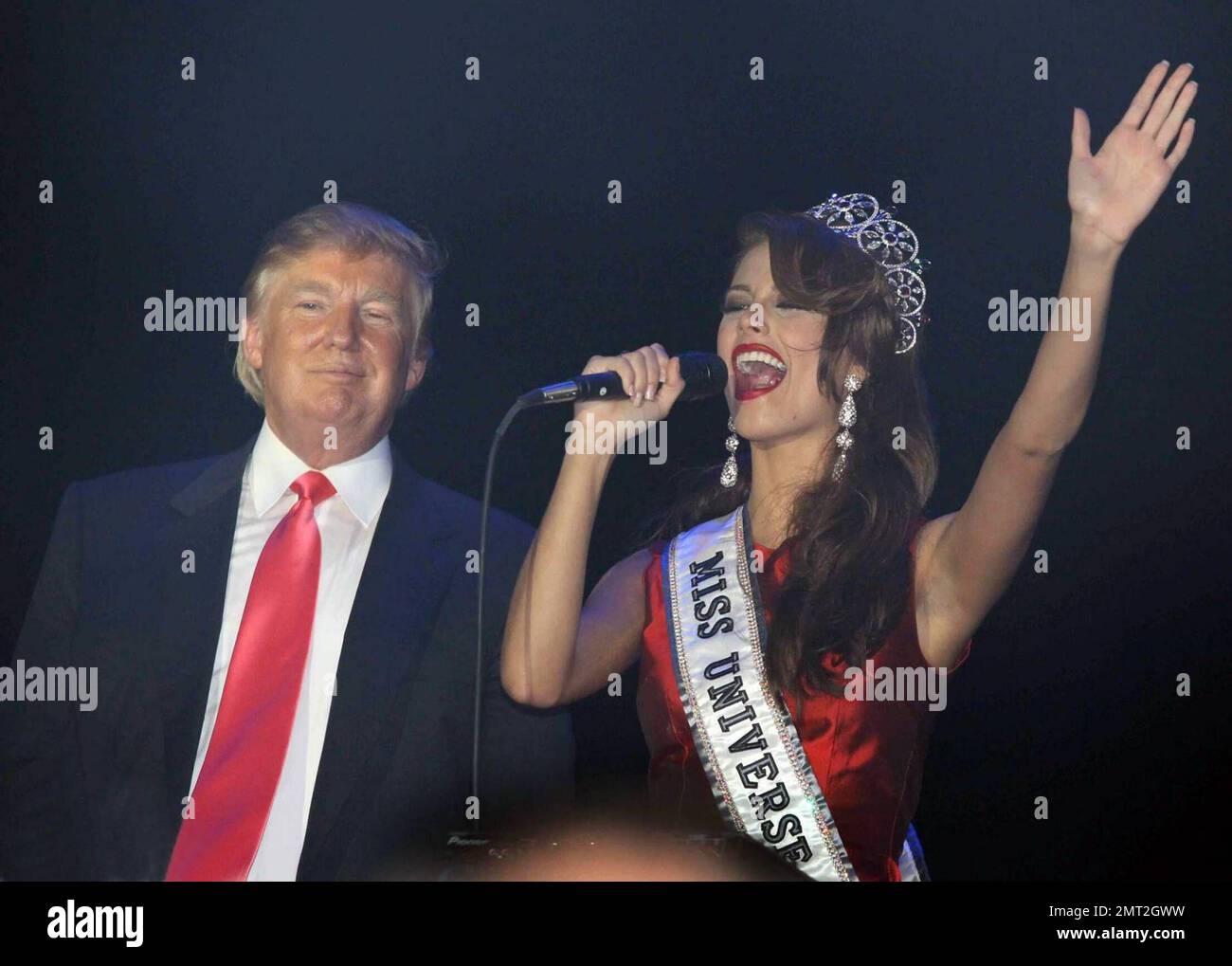 Donald Trump and Stefania Fernandez celebrate at the Coronation Ball after the Miss Universe pageant at Atlantis on Paradise Island in the Bahamas. 8/23/09. Stock Photo