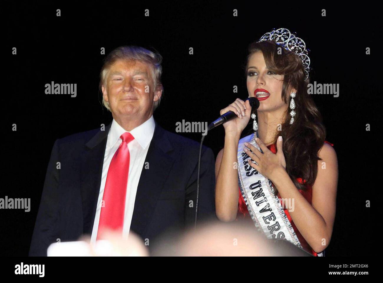 Donald Trump and Stefania Fernandez celebrate at the Coronation Ball after the Miss Universe pageant at Atlantis on Paradise Island in the Bahamas. 8/23/09. Stock Photo