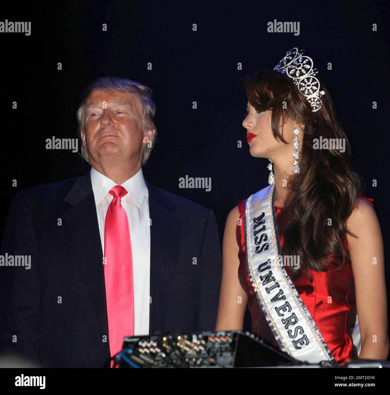 - Donald Trump and Stefania Fernandez celebrate at the Coronation Ball after the Miss Universe pageant at Atlantis on Paradise Island in the Bahamas. 8/23/09.  . Stock Photo