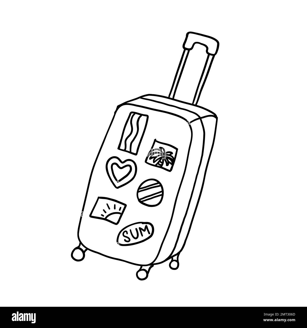 Pinks traveler's suitcase. Vector illustration in outline doodle style isolated on white background. Stock Vector