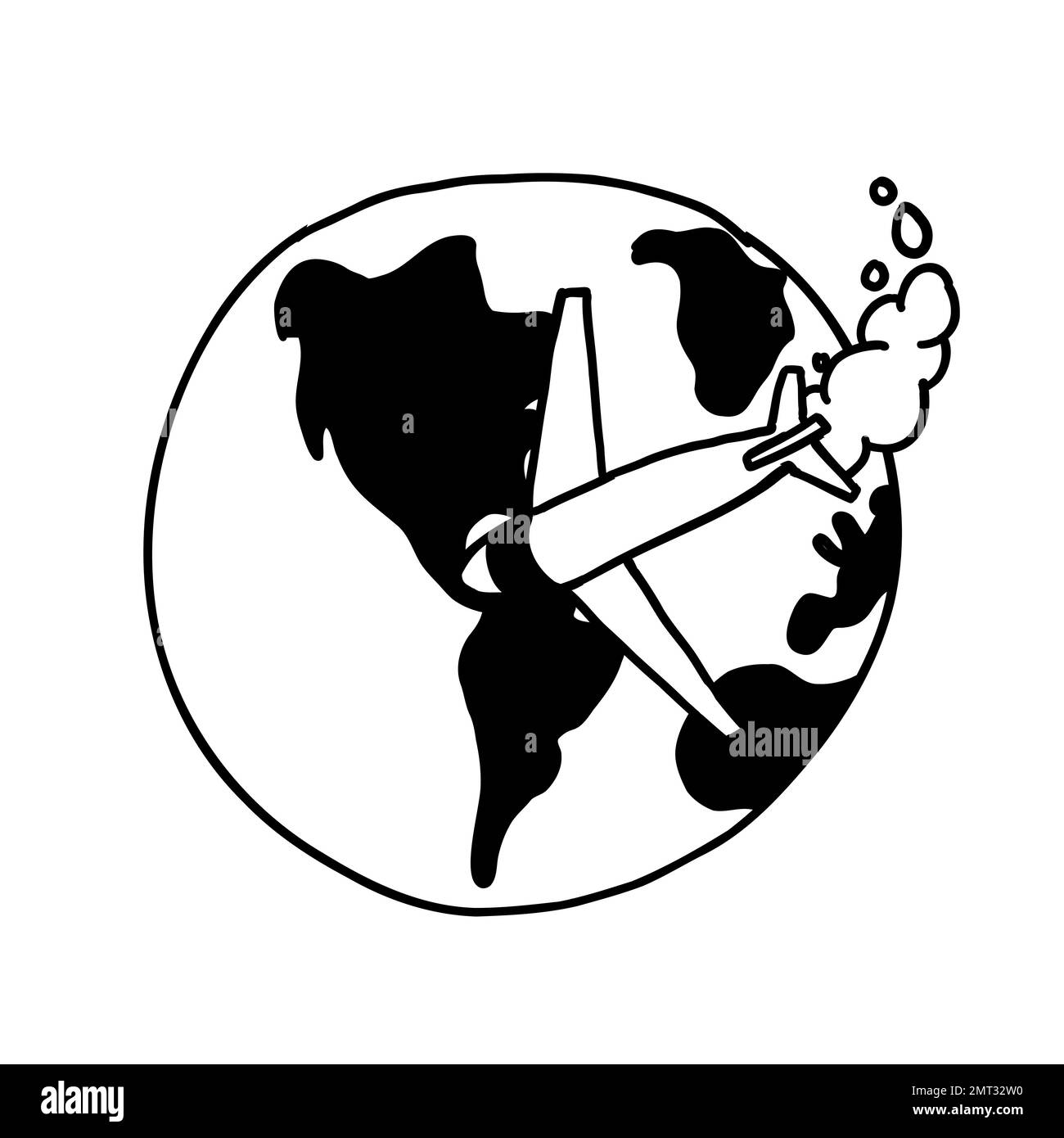 Airplane and earth. Hand drawn vector illustration in outline doodle