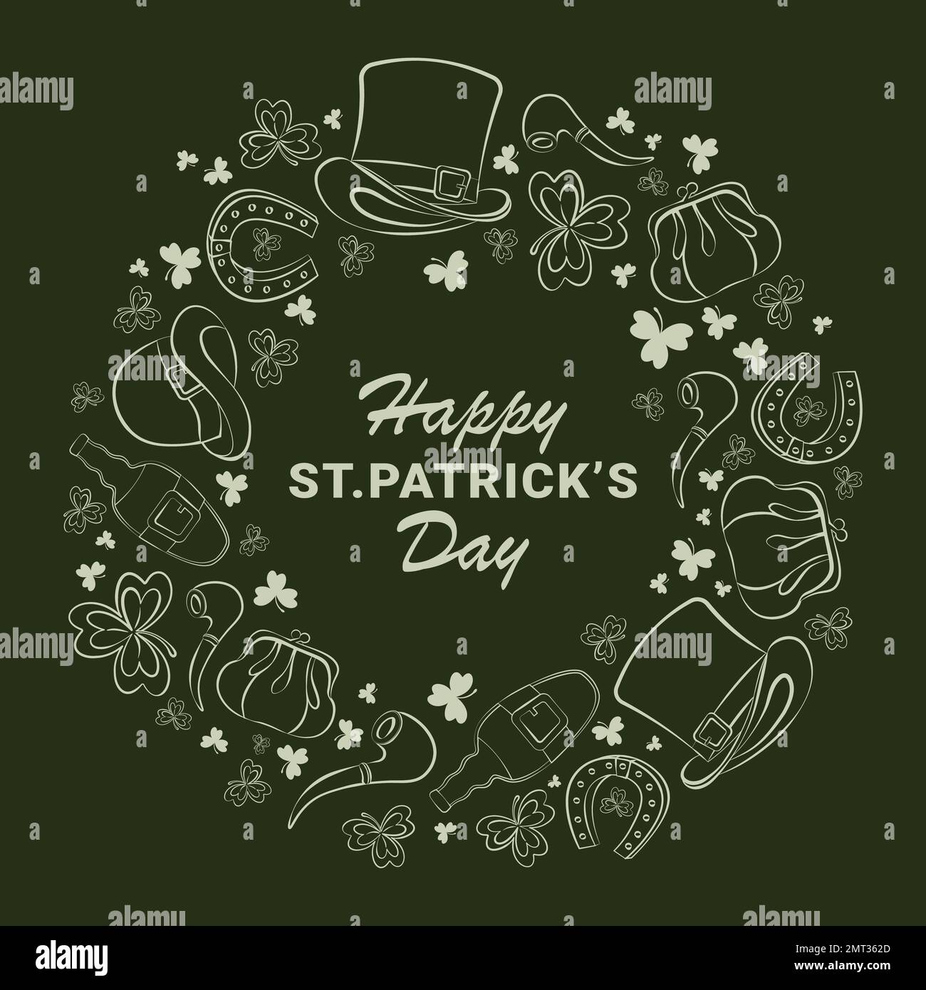 green greeting card with many traditional elements around text about st. patricks day Stock Vector