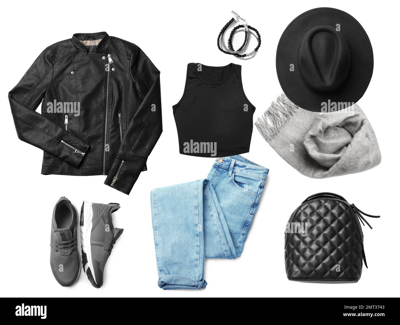 Stylish outfit with black leather jacket on white background Stock