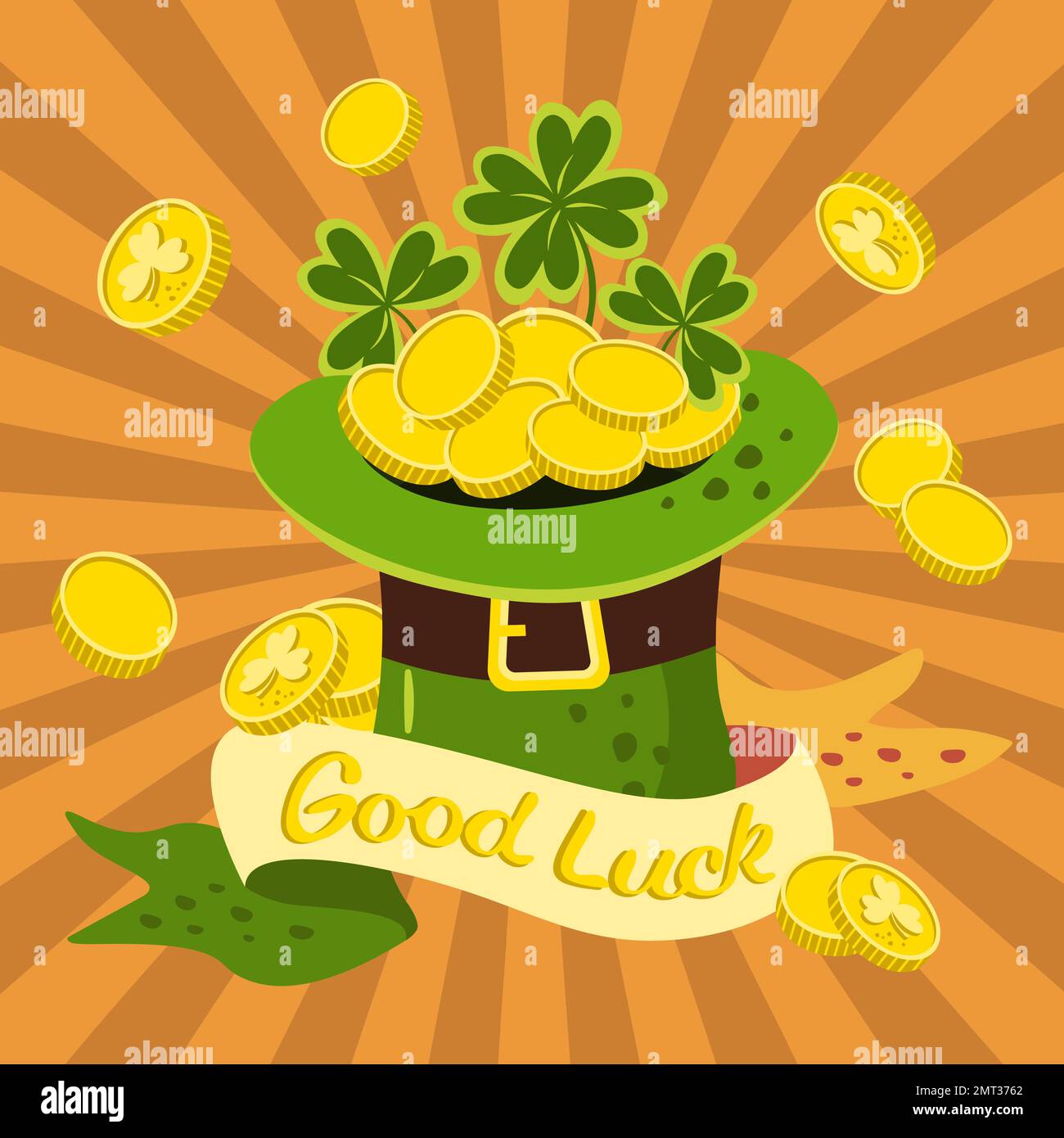 st patrick square banner wish good luck coins leprechaun hat Stock Vector