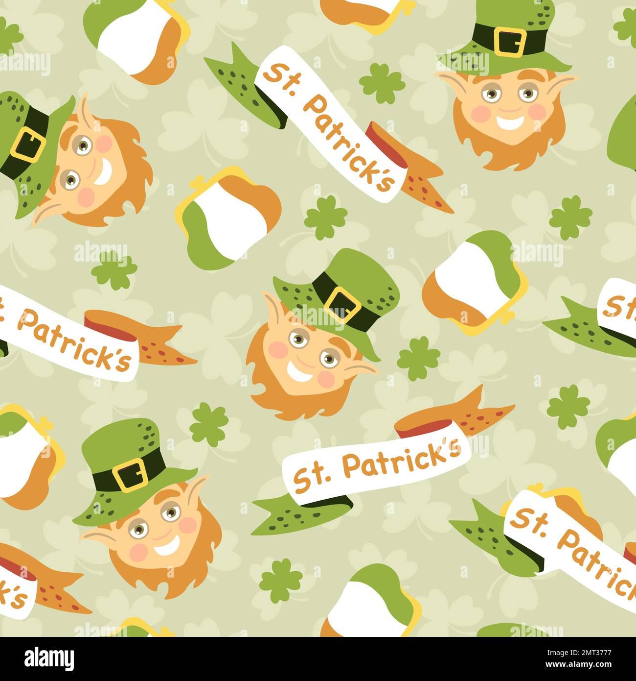 Pattern for st patrick's day hand drawn leprechaun with hat and irish flag Stock Vector
