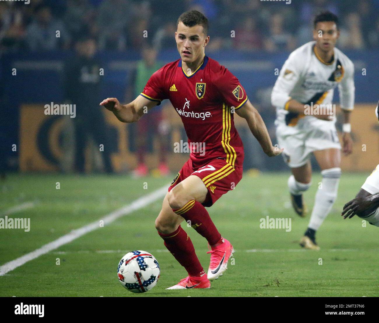 In this July 4, 2017, photo, Real Salt Lake forward Brooks Lennon (27)  chases the ball during an MLS soccer match against the LA Galaxy in Carson,  Calif. The MLS All-Star game