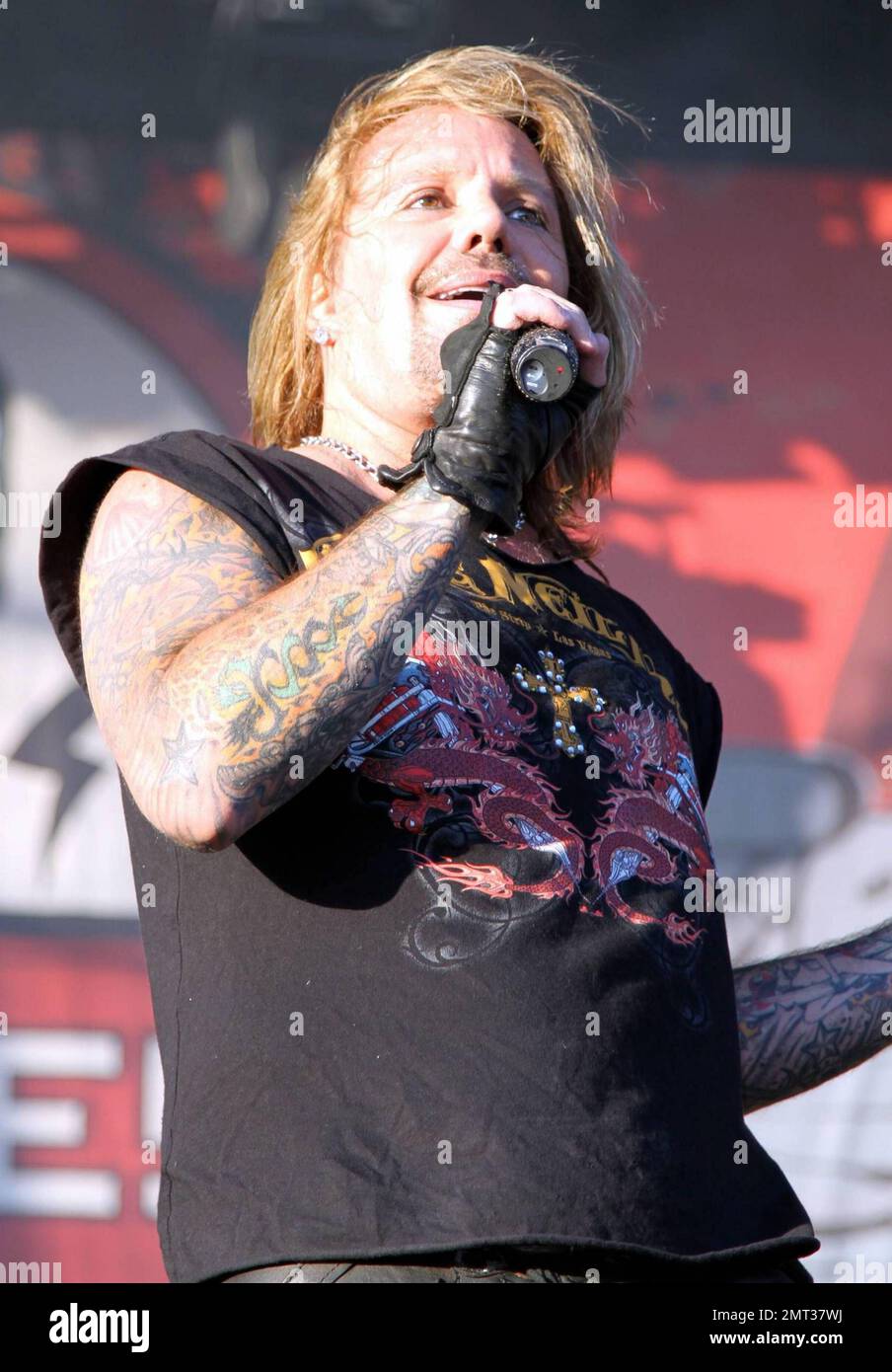 Metal legends Motley Crue perform live at the Sonisphere Festival. Lead  singer Vince Neil was arrested earlier this month in Las Vegas for drunk  driving. It's reported that Neil's arrest will not