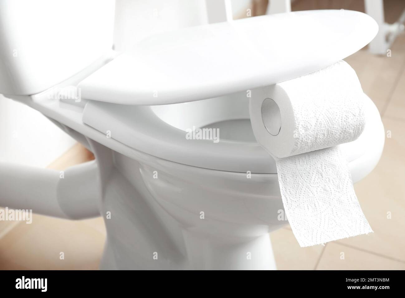 New paper roll on toilet seat in bathroom Stock Photo Alamy