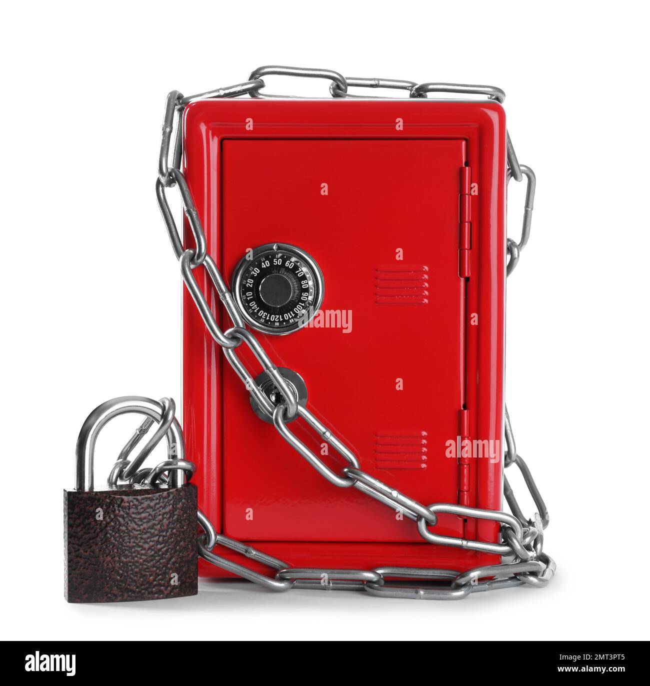 Red steel safe with chain and padlock isolated on white Stock Photo - Alamy