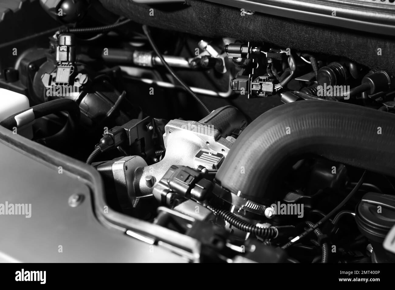 Closeup view of engine bay in modern car Stock Photo Alamy