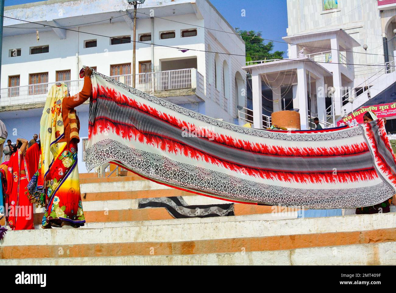Varanasi, Uttar Pradesh, Indian dry cleaner drying saree at a ghat