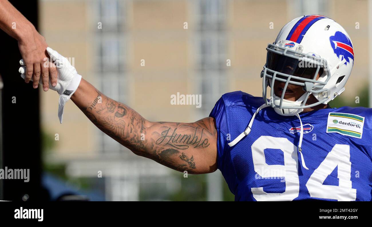 Buffalo Bills defensive tackle Jerel Worthy (94) sits on the bench during  the second half of