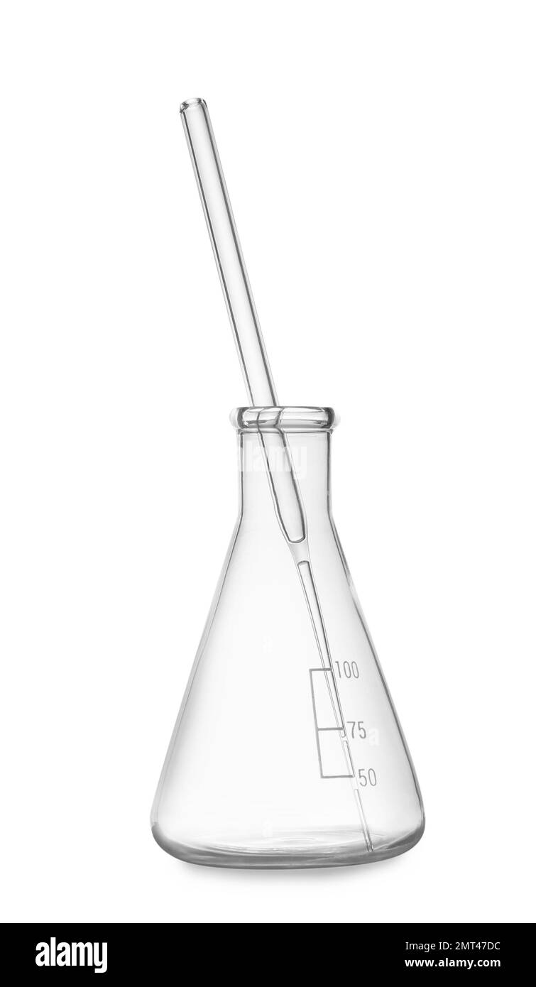 Conical flask with rod isolated on white. Laboratory glassware Stock