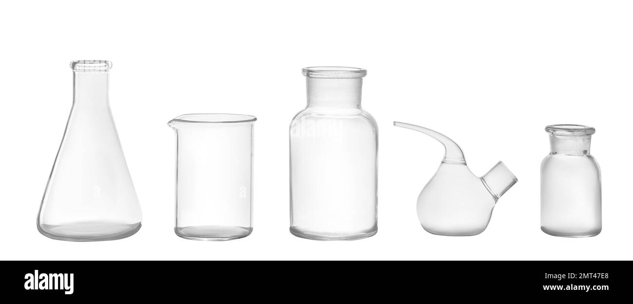 Clean empty laboratory glassware isolated on white Stock Photo Alamy