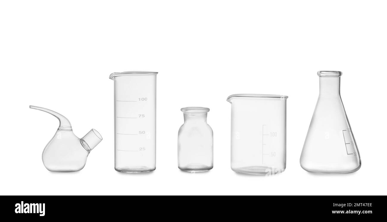 Clean empty laboratory glassware isolated on white Stock Photo Alamy