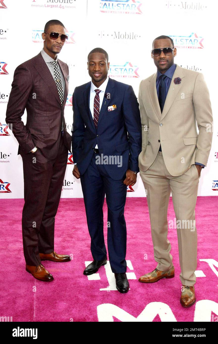 LeBron James, Dwyane Wade and Chris Bosh of the Miami Heat pose