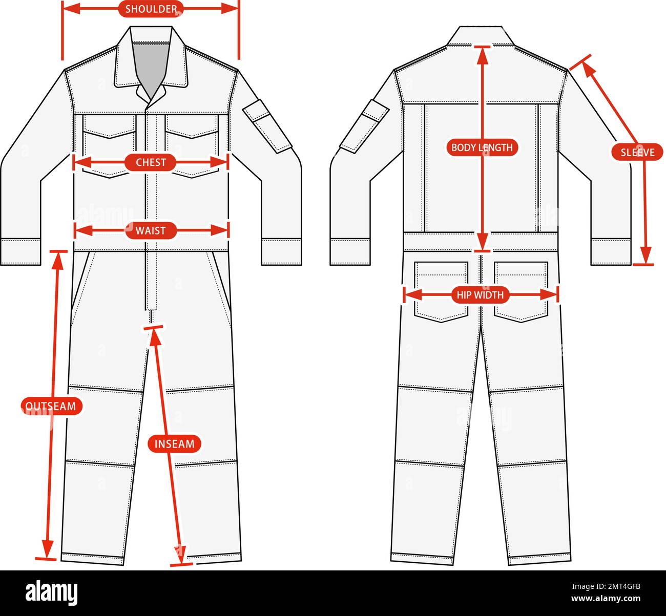Clothing size chart vector illustration ( long-sleeves working overalls | jumpsuit ) Stock Vector