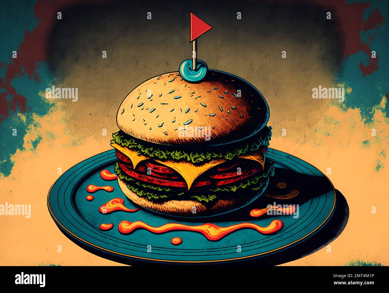 Illustration of comic style abstract painting of hamburger with meat ...