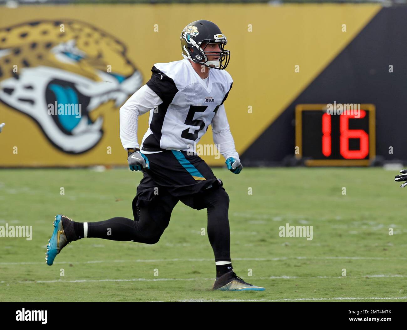 Jacksonville Jaguars linebacker Paul Posluszny performs a drill during