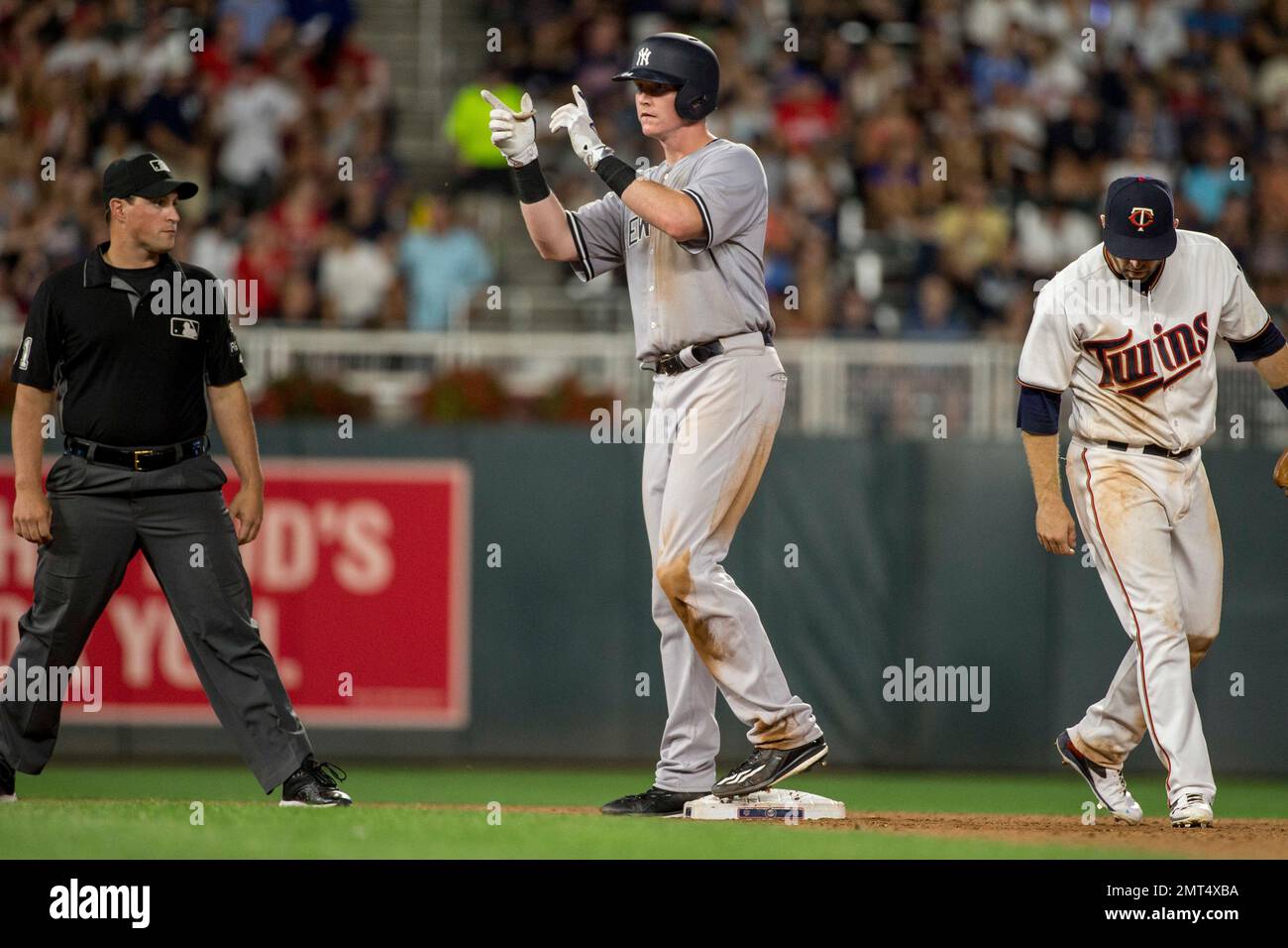 New York Yankees Garrett Cooper celebrates his RBI double against the  Minnesota Twins in the seventh inning of a baseball game Monday, July 17,  2017, in Minneapolis. The Twins won 4-2. (AP