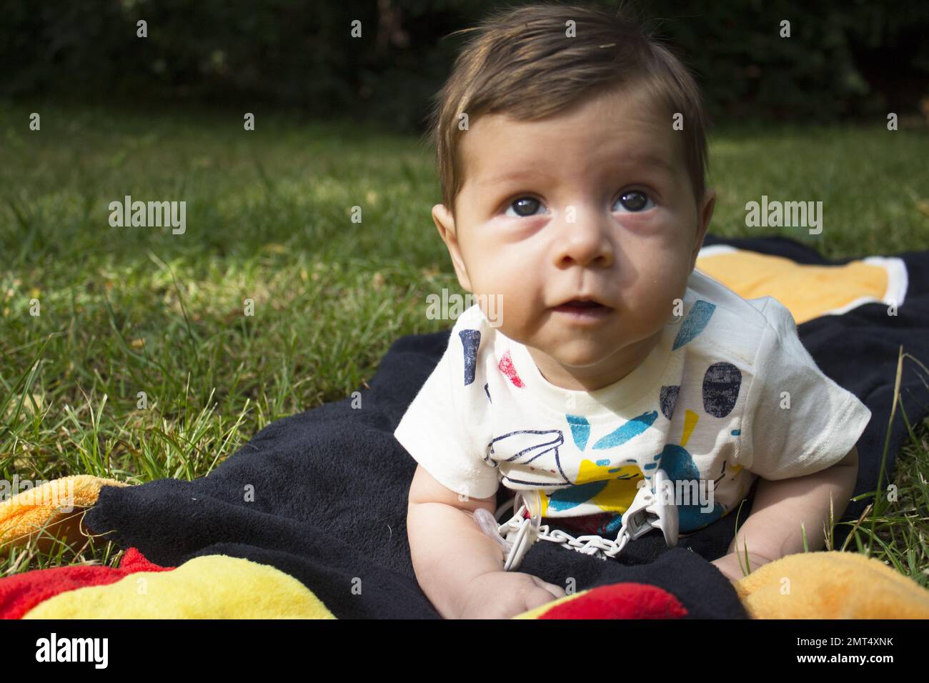 Two month old baby with head up on a towel Stock Photo Alamy