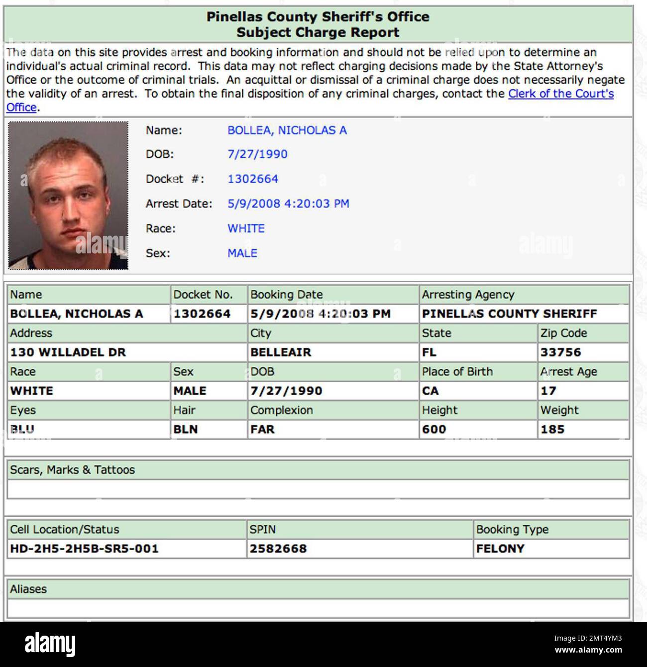 This is the mugshot and booking information for Nick Hogan (real name Nicholas Bollea) who was sentenced today to eight months in jail, five years probation during which he is to serve 500 hours of community service, and a three-year suspension of his driver's licence. The sentence stems from the August 6, 007 car accident that left Hogan's best friend, John Graziano, in critical condition. The presiding judge specifically asked that Bollea use his community service to do something positive 'that reflects what John [Graziano] did in his service to our country as a Marine.' Also, citing Hogan's Stock Photo
