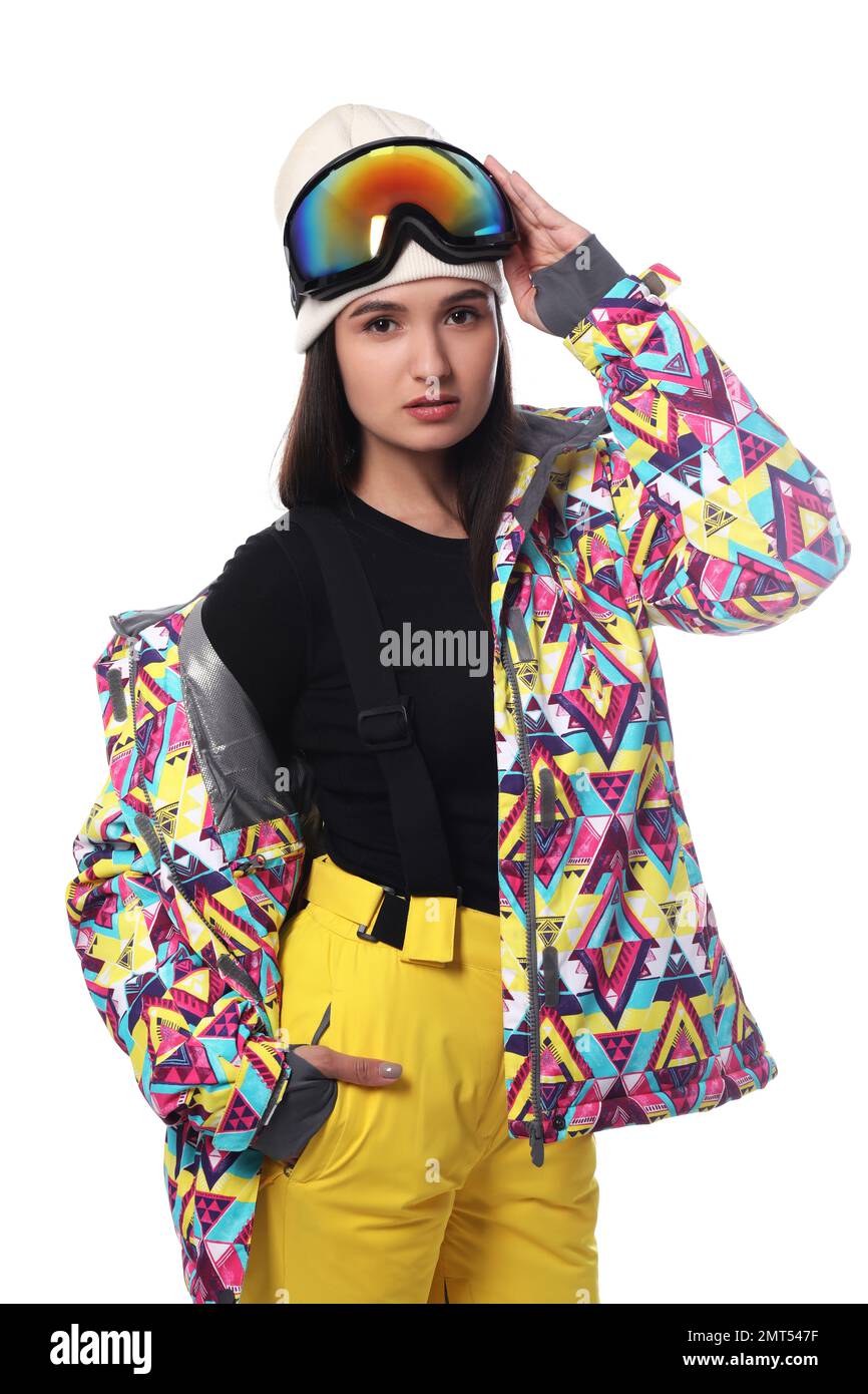 Woman wearing stylish winter sport clothes on white background Stock