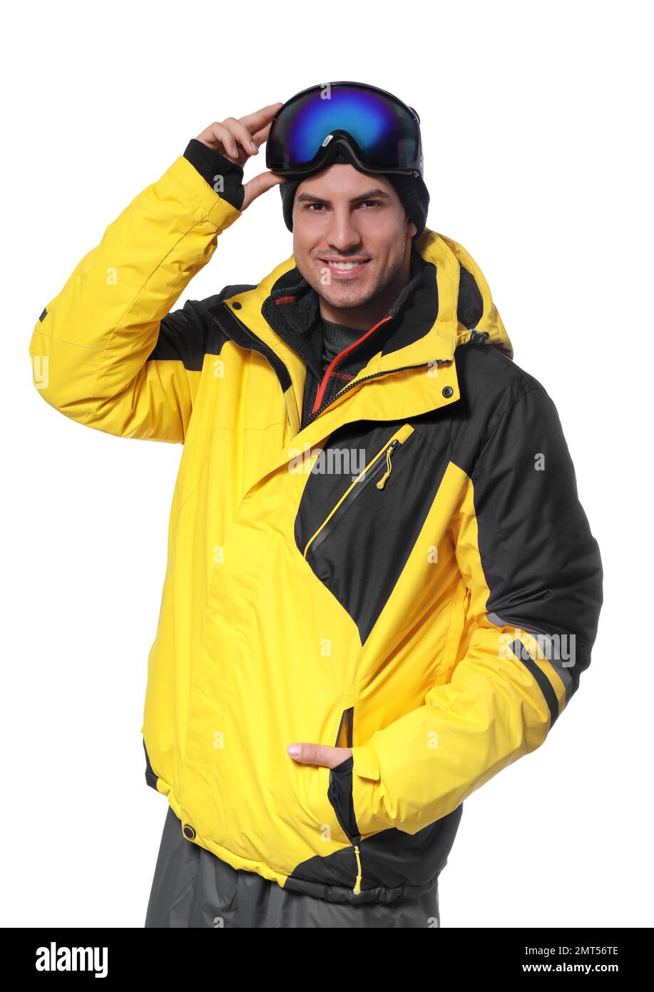 Man wearing stylish winter sport clothes on white background Stock