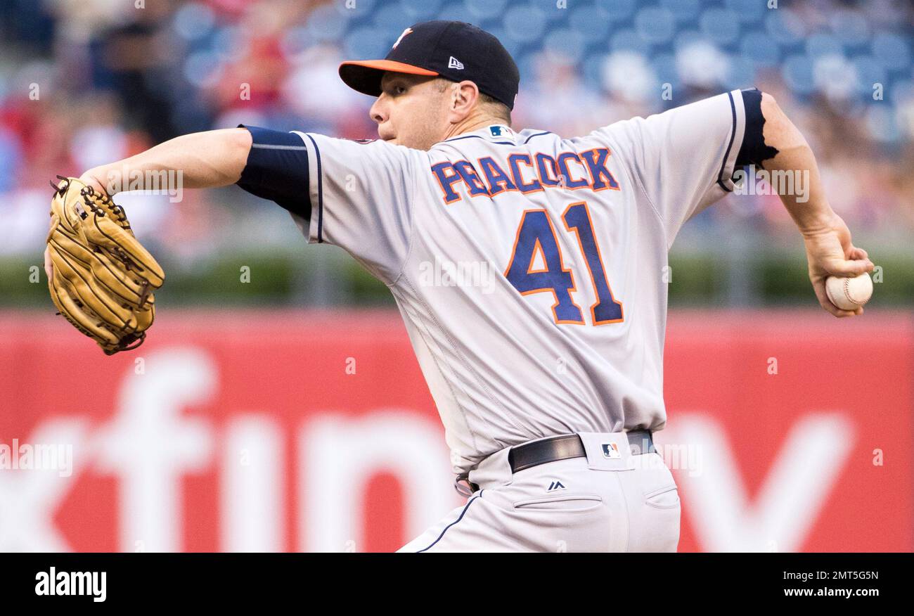 Houston Astros starting pitcher Brad Peacock throws a pitch during the first inning of a baseball game against the Philadelphia Phillies, Monday, July 24, 2017, in Philadelphia