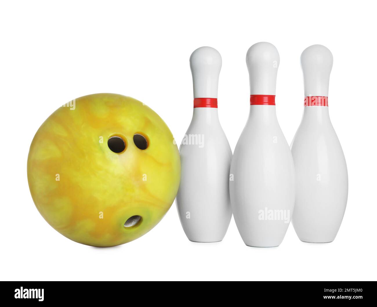 Yellow bowling ball and pins isolated on white Stock Photo Alamy