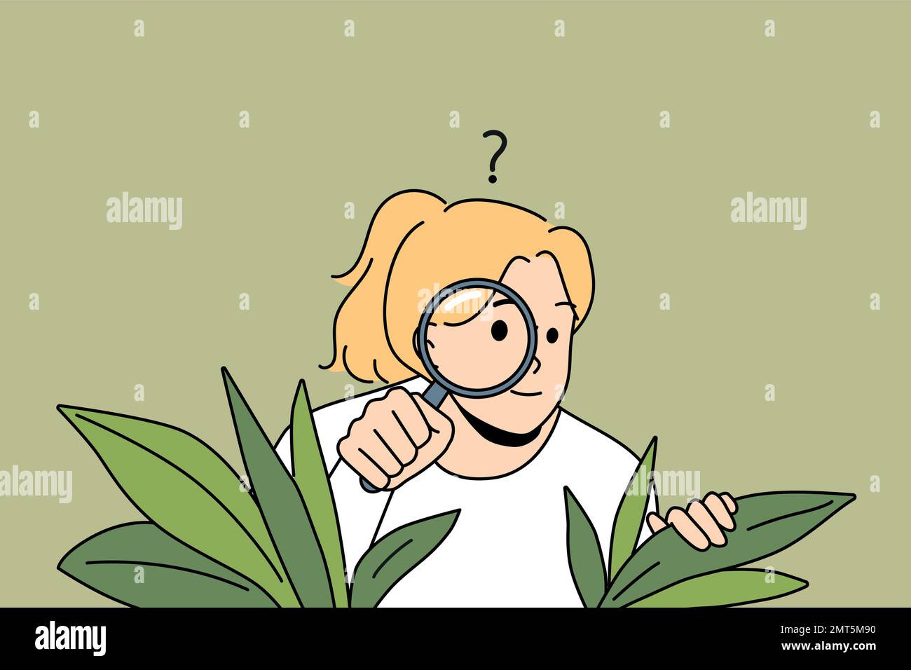 Curious young woman with magnifying glass hide in bushes spy after people or neighbors. Suspicious girl feel confused and doubtful look with magnifier. Vector illustration.  Stock Vector
