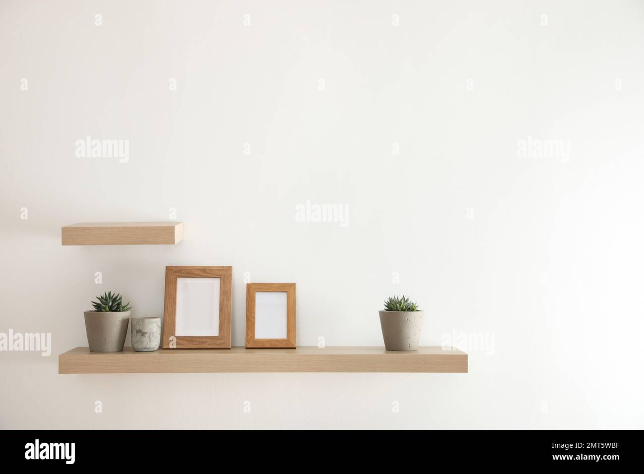 Wooden shelves with plants and photo frames on light wall Stock Photo ...