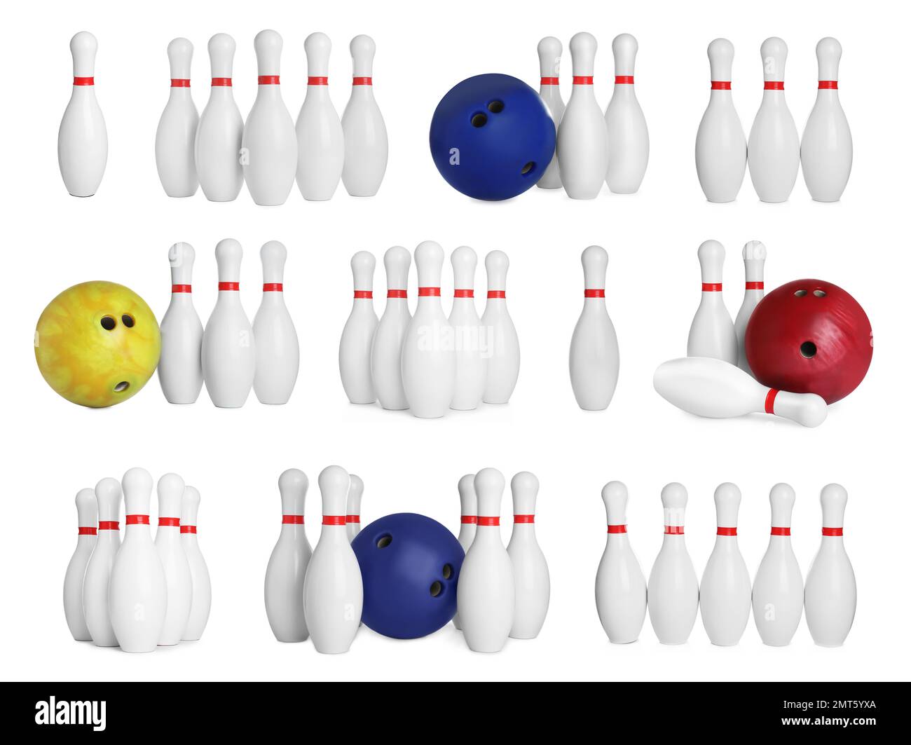 Set of bowling balls and pins on white background Stock Photo Alamy