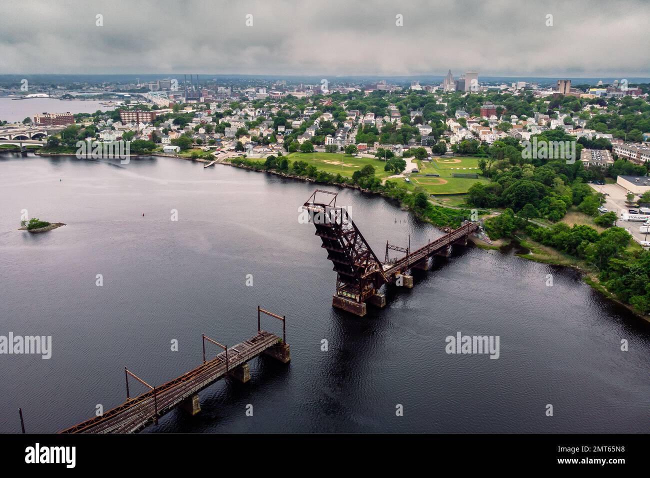 An aerial view of the famous Crook Point Bascule Bridge, a defunct